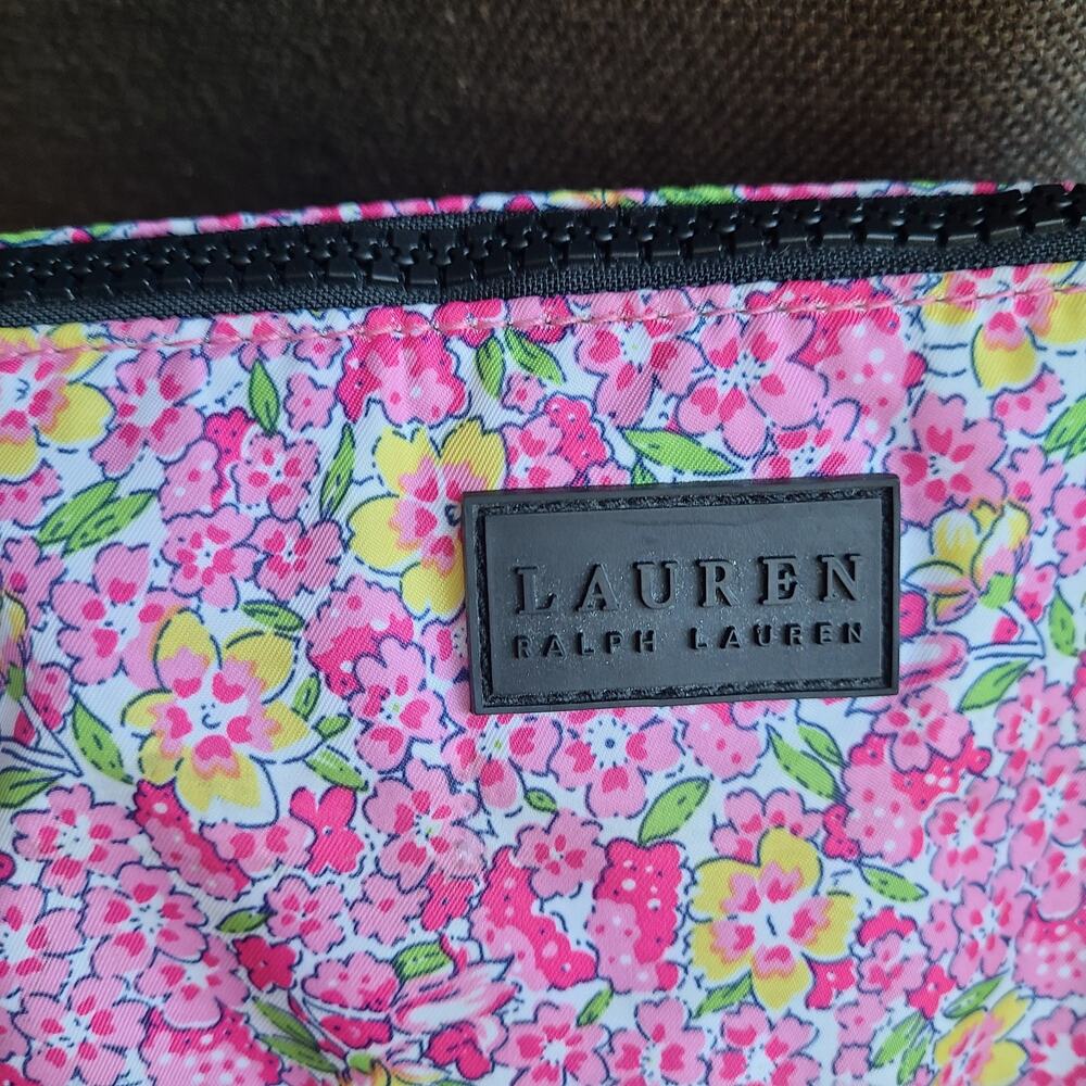 LAUREN‎ Ralph Lauren Large Pink Floral Nylon Travel Tote Beach Black Bag Purse - Picture 2 of 10